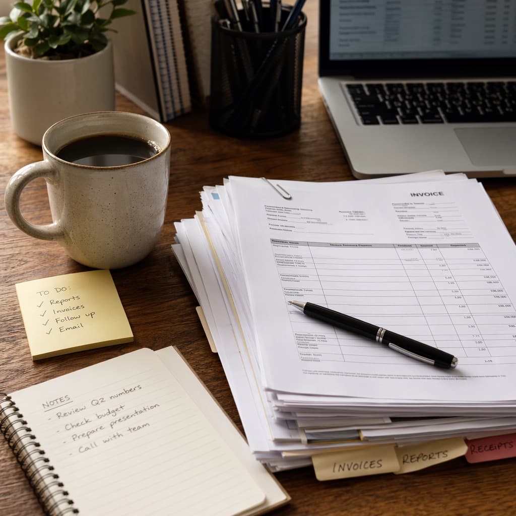 Coffee and insurance paperwork on a desk